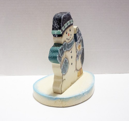 Snowman & Penguin in Winter Clothes w/Snow Elam Wooden Painted Home Decor 7x7x5 - Picture 3 of 7