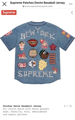 Supreme Patches Denim Baseball Jersey S/S 2021 Sz M 100