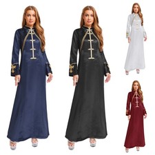 Women Priest Clergy Long Robe Dress Gold Cross Embroidery Lace Trim Halloween
