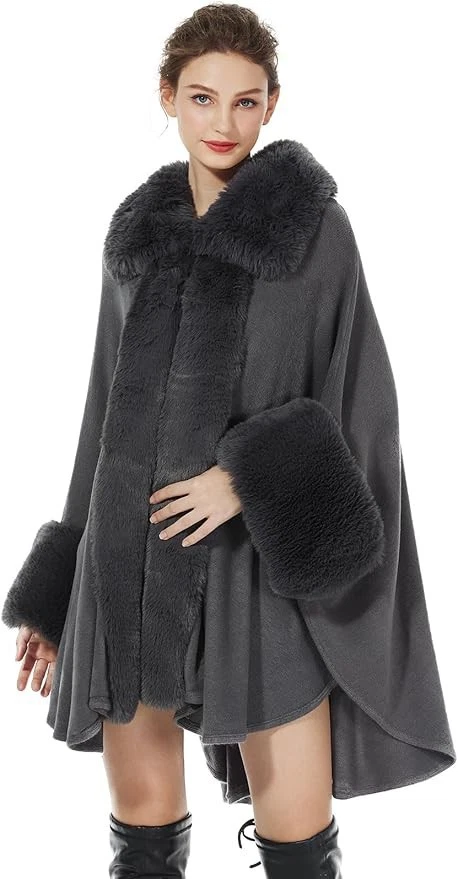 Women Knit Cape Poncho Faux Fur Collar Wrap Shawl Wedding Autumn Winter