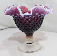 VINTAGE FENTON PLUM OPALESCENT HOBNAIL RUFFLED COMPOTE PEDESTAL BOWL 1959-1962