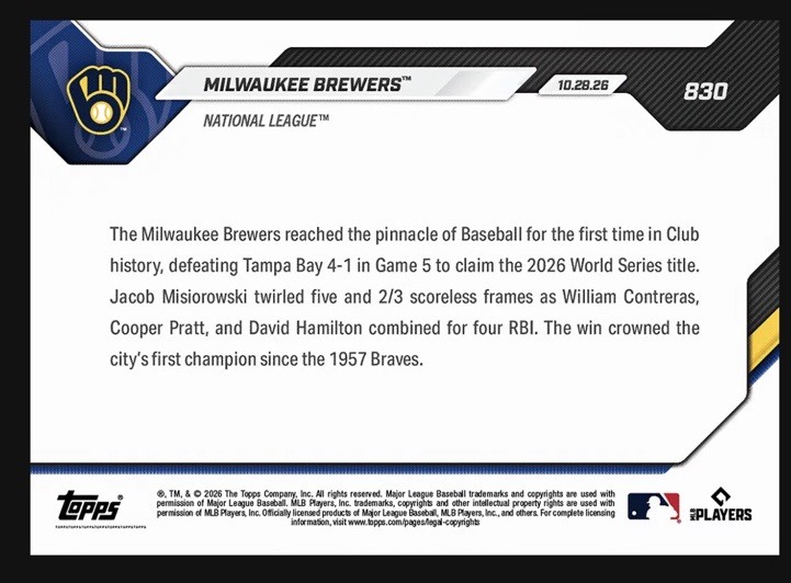 2026 Topps Now MLB #830 Milwaukee Brewers Win 1st World Series Title - PRESALE🔥 - second product detail image