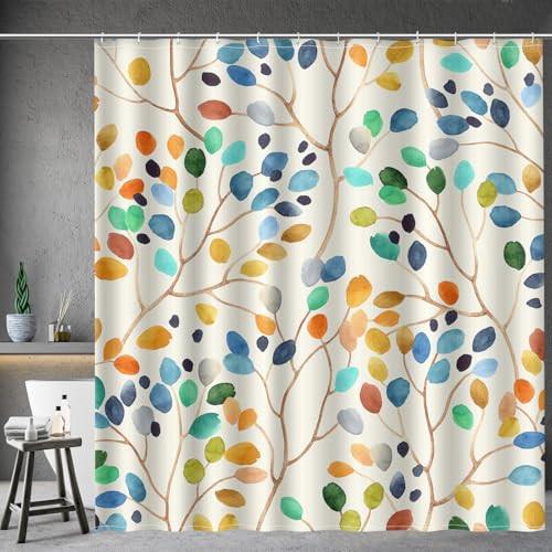Colorful Spring Shower Curtain - Watercolor Plant Leaves Floral Summer Nature - Picture 1 of 7