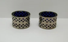 Set of 2 Vtg England Silverplate Pierced Open Salt Dip Cellar Cobalt Glass Liner