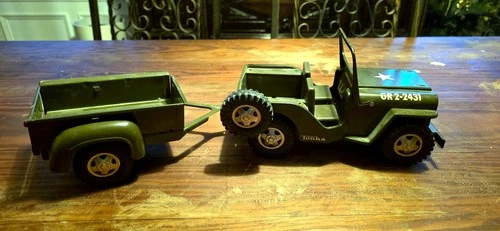 #384 Tonka Army Jeep w/ Trailer Military Set Stepside Vtg Pressed Steel GR2-2431