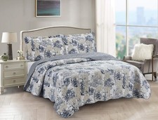 Brilliant Sunshine Blue Toile in Beige and Ivory Patches, 3-Piece Quilt Set w...
