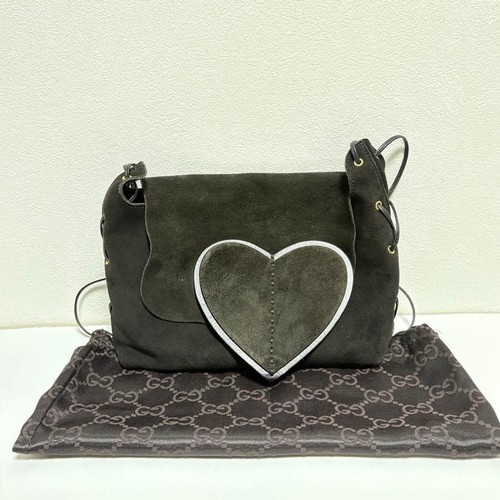 Gucci Tom Ford Era Heart Suede Shoulder Bag Black Gold Auth