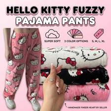 HELLO KITTY BLACK FLEECE PYJAMA PANTS WINTER THERMAL PJS COSY BOTTOM XMAS GIFTUK