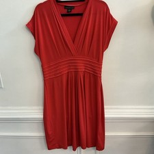 Attention A-Line Dress L/G Red Solid Knit V-Neck Cap Sleeve Pleated Spandex
