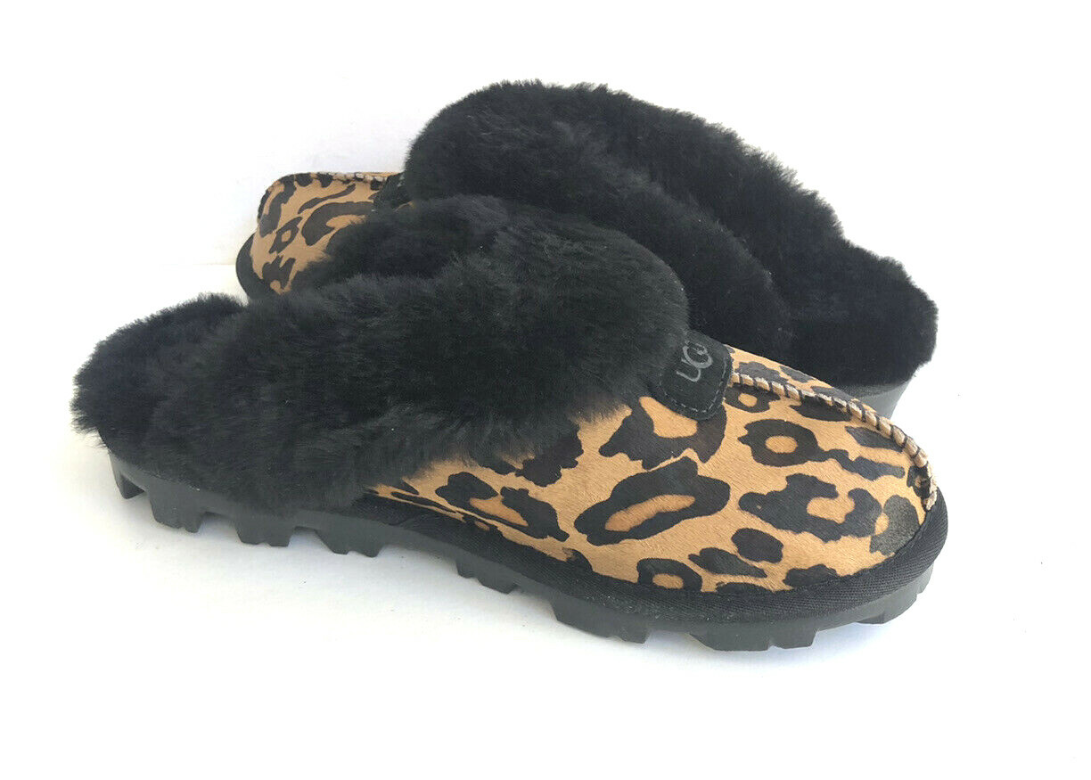 PANTOFOLA D’ORO UGG COQUETTE PANTHER PRINT BUTTERSCOTCH SHEARLING SLIPPERS US 7 EU 38 UK 5