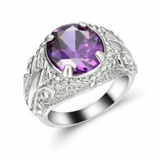 Elegant 925 Sterling Silver Purple Amethyst Charm Wedding Engagement Ring Size 8