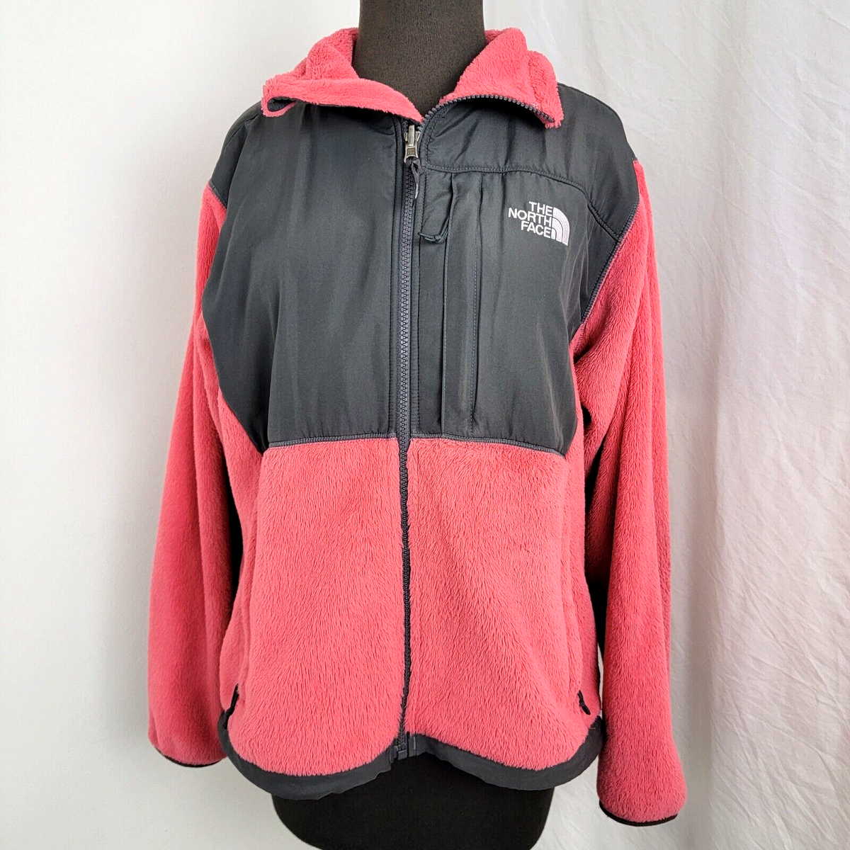 North Face Jacket Coral Pink and Gray Zipper Front M Medium Womens Fleece  Pocket