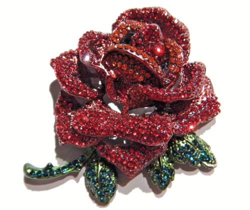 LARGE RED ROSE CRYSTAL BROOCH or PENDANT rhinestone flower & thorns pin O3