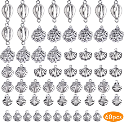 60pcs Antique Silver Sea Shell Charms - 6 Style Ocean Theme Pendants For DIY Jewelry Making