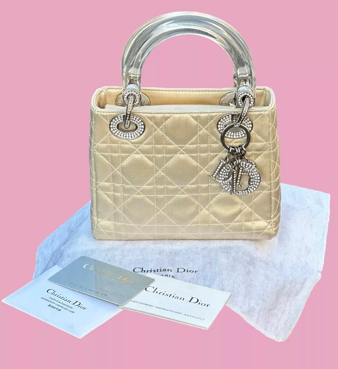 Sac à main CHRISTIAN DIOR Lady Dior Mini cannage satin strass crème