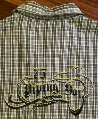 Plaid Button Down Shirt Size LG Olive Green & White Logo Embroidered on Back