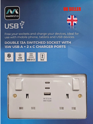 Masterplug Doppel 13A Schaltsteckdose weiß 15W USB A + 2 x C Ladeanschluss 2er Pack