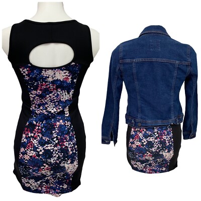 Pink Rose Dress Womens XS Lot Sleeveless Color Block Blue Denim Jacket Work  Date | eBay