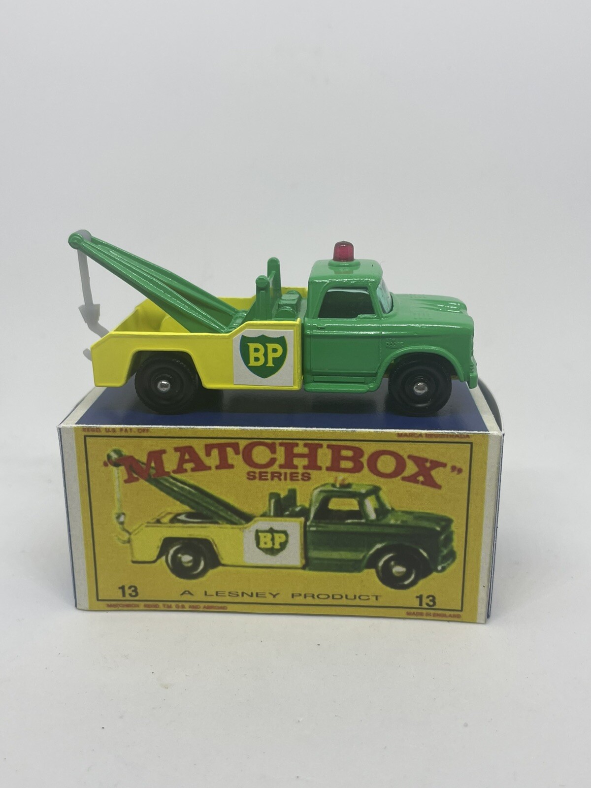 Vintage Lesney Matchbox 13 Custom Reverse Color BP Wreck Truck Repro Box.