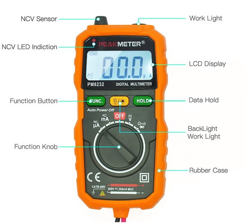 PEAKMETER PM8232 Mini Digital Multimeter Auto NCV AC DC Current Ohm Diode Test - Bild 7 von 9