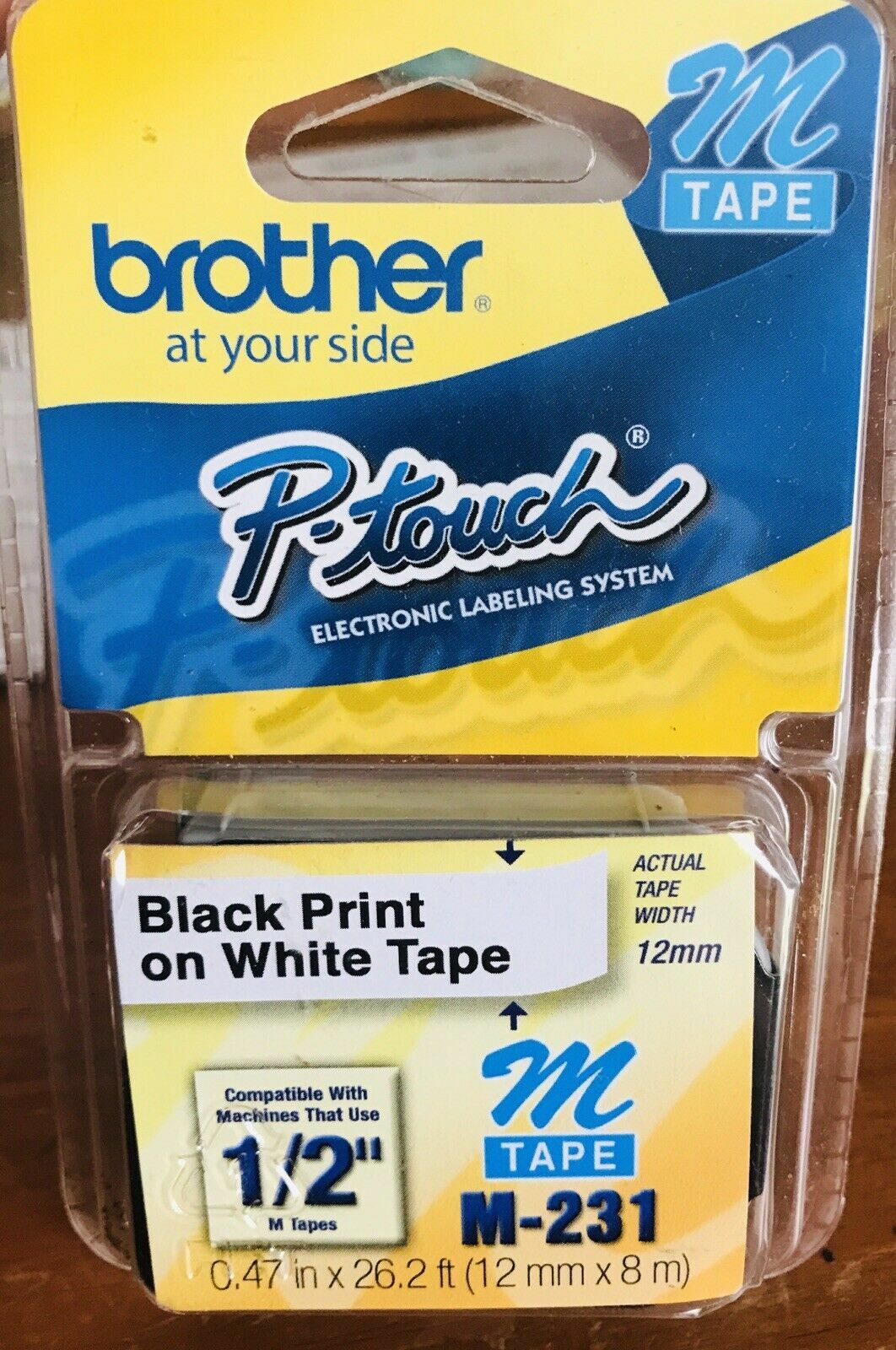 Brother M231 Ptouch Label Tape 1/2" Black on White tape (12mm x 8 m
