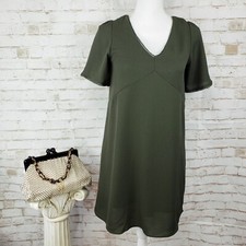 NWT Everly Size S Olive Green Short Sleeve Empire Waist Lace Up Back Shift Dress