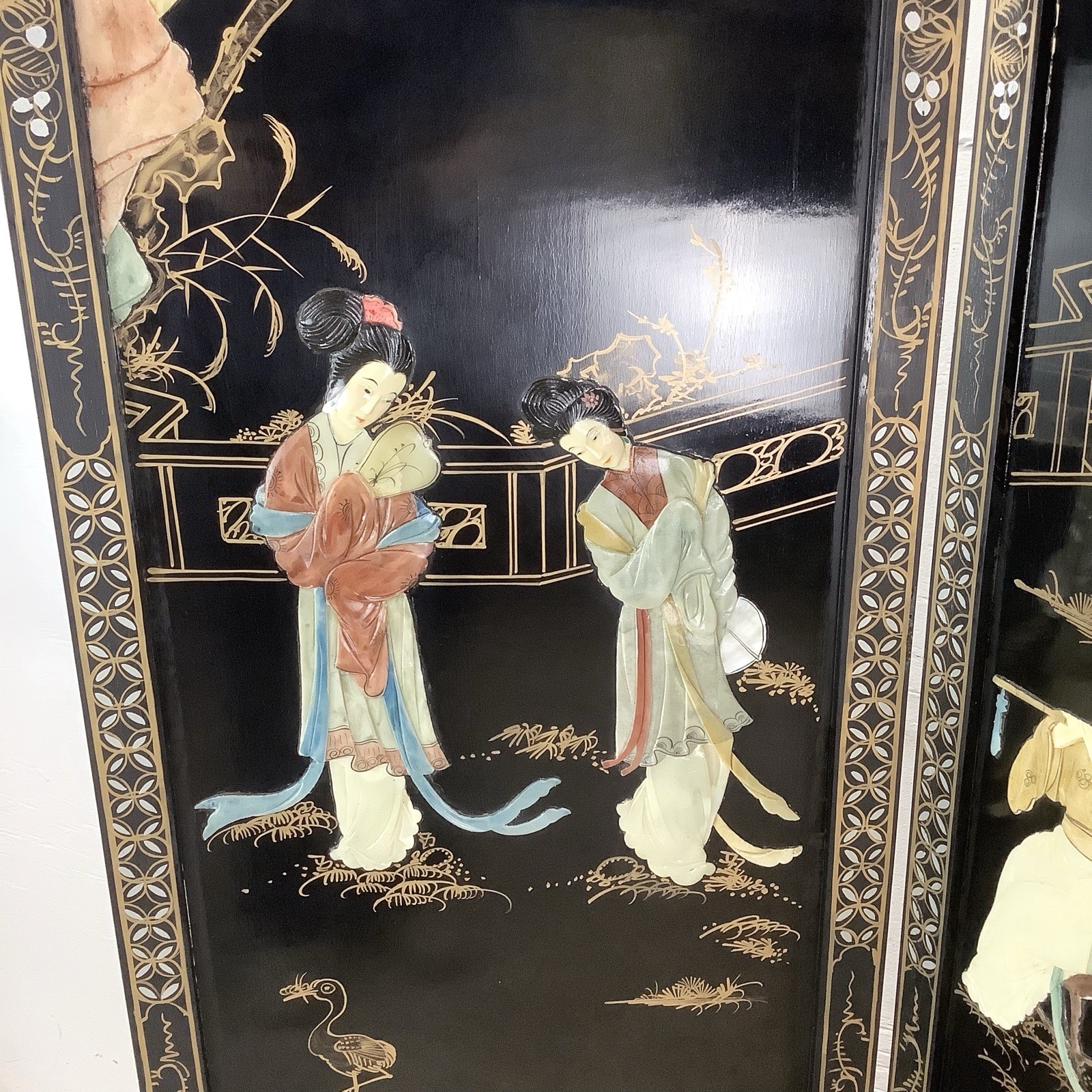 Vintage Black Lacquer Chinoiserie Folding Screen