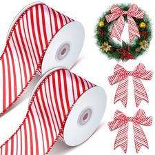 2 Rolls 20 Yards Christmas Peppermint Red White Stripe Wired Ribbon