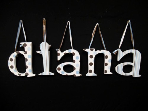 Lot of 5 Wooden Letters "DIANA" Nursery Decor - Blue Brown Stripes Polka Dots