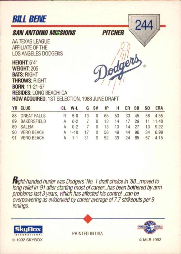 Bill Bene 1992 SkyBox AA #244 RC San Antonio Missions FREE SHIPPING AutographDen - Image 2 of 2