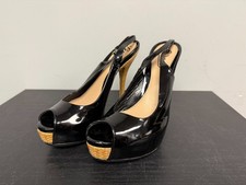 GUCCI Shiny Black Leather Peep Open-Toe Slingback High Heels / Pumps 37