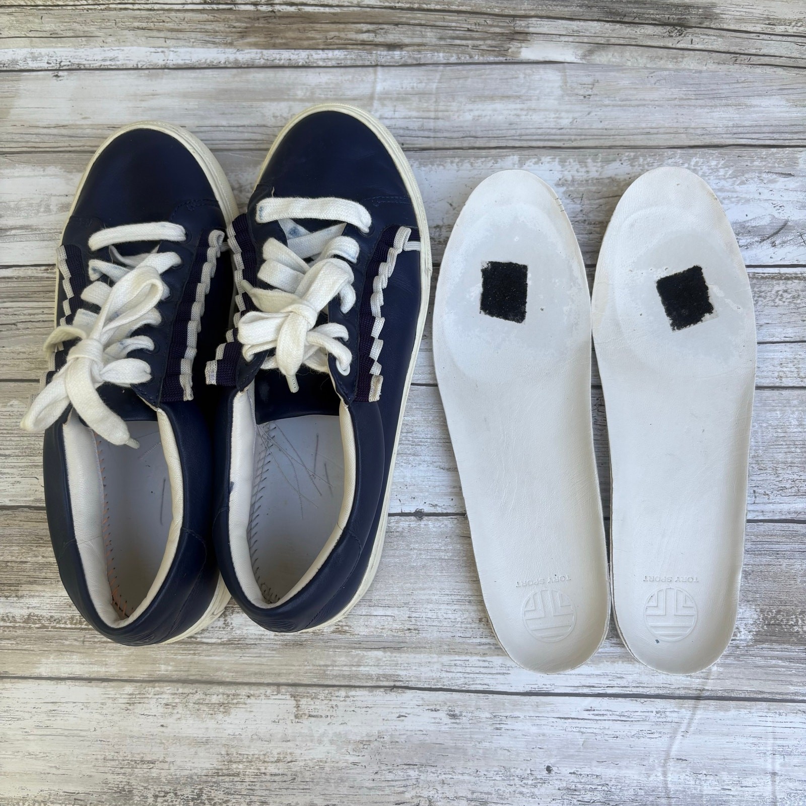 Tory Burch Sport Ruffle Sneakers Sz 8 Navy Blue Lace Up Leather Low Top thumbnail 8