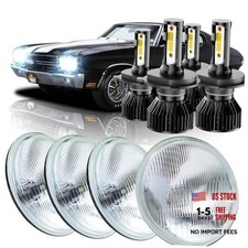 5.75 3/4" inch Glass Lens Round Head Lights,With 4 pcs H4 LED 6500K White