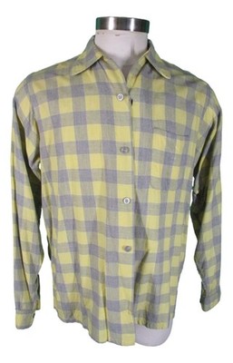 Down Ella Vtg 60s Mens Yellow Grey Plaid Sanforized Wool Cotton Viyella Shirt L