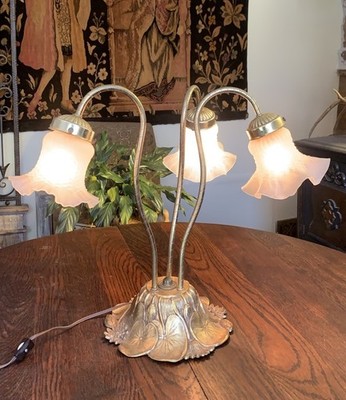 VTG Brass Lily Pad Gooseneck Lamp Art Nouveau Style Frosted Flower Triple Light