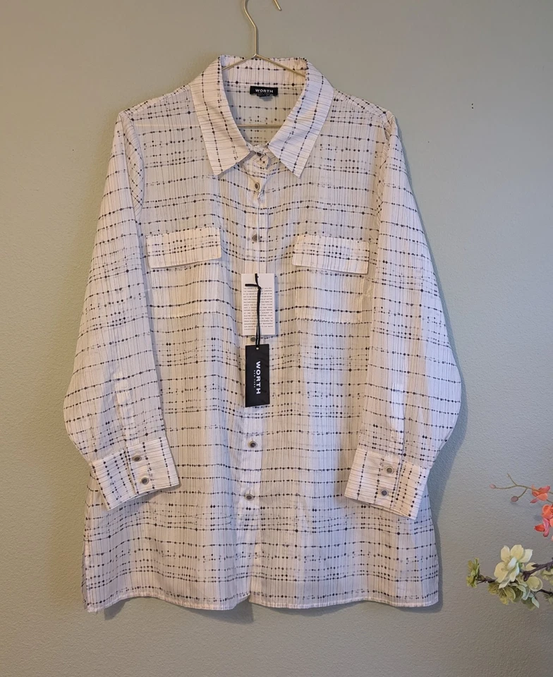 Camisa Worth New York para mujer cuadrada de gran tamaño relajada de seda con botones XL NUEVA CON ETIQUETAS Foto 4 de 4