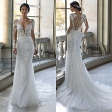 Sheer Scoop Neck Full Sleeves Beading Applique Button Back Mermaid Wedding Dress