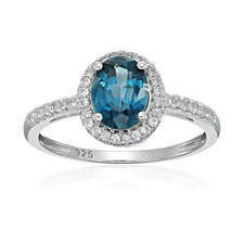 925 Sterling Silver Women Halo Ring Natural London Blue Topaz Ring Size 7