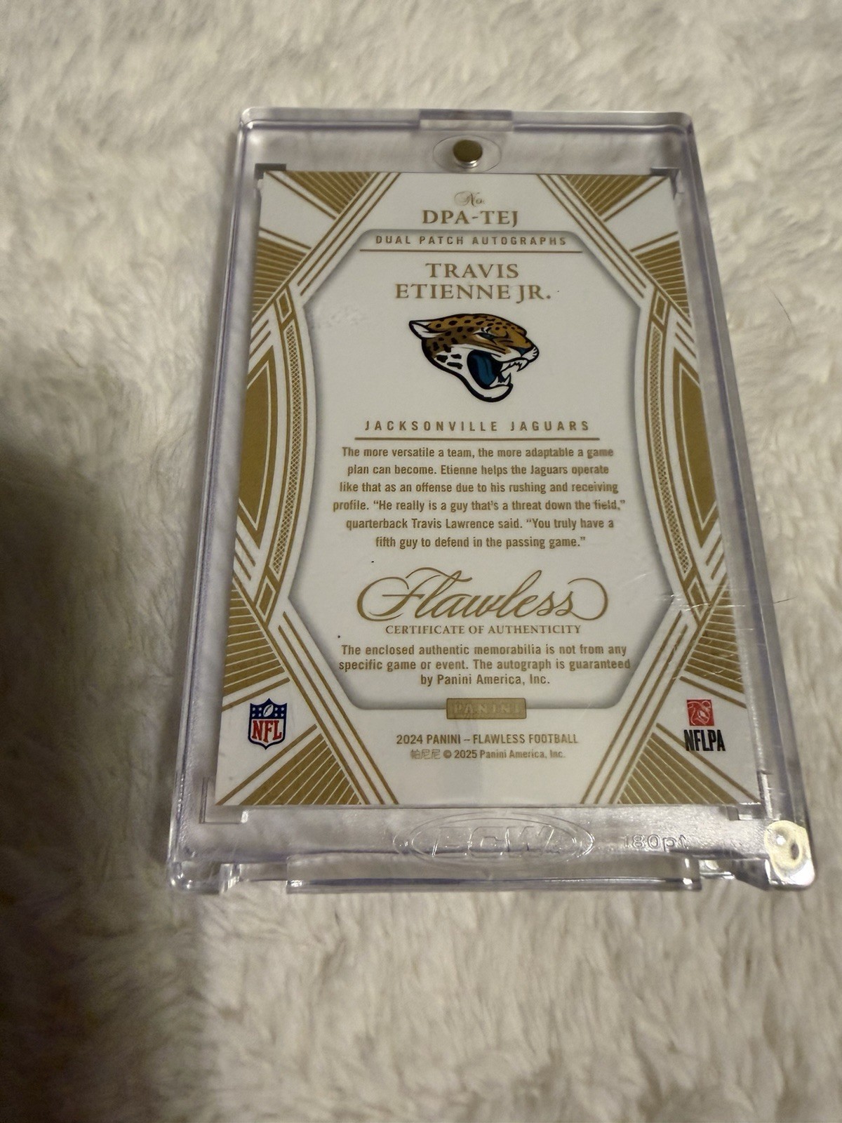 Panini 2024 Flawless Travis Etienne Jr DPA-TEJ Dual Patch Auto 1/1 Jaguars view 2
