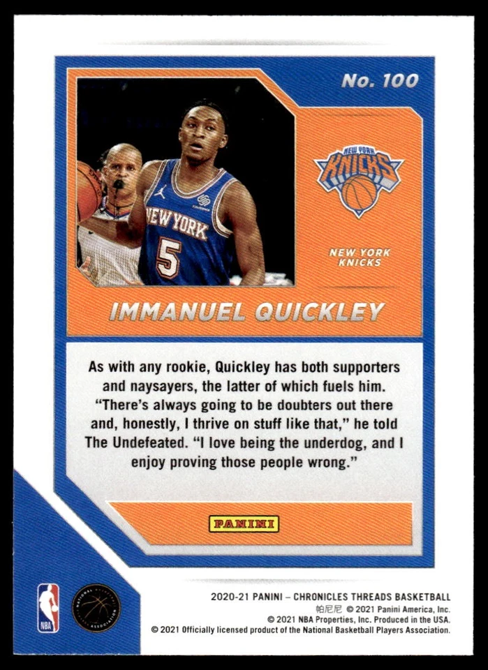 2020-21 Panini Chronicles Threads Immanuel Quickley #100 Rookie Knicks - Image 2 of 2