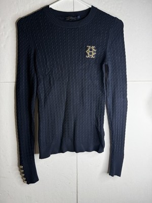 Holland Cooper Buttoned Sleeve Crew Neck Navy Knitted Jumper Sweater Top Small