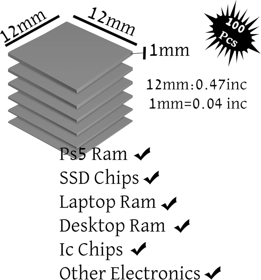 100pcs Thermal Pads 12x12x1mm Pre-Cut Silicone – PS5 GPU RAM IC Cooling Heatsink - Image 2 of 4