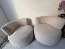 PAIR of Cream Bouclé Swivel Barrel Chairs | Matching Teddy Fabric Accent Armchai