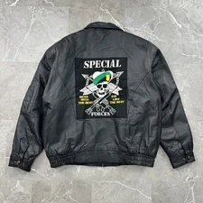 Special Forces Jacket Mens XL Leather Coat Military Patch Skull Green Beret
