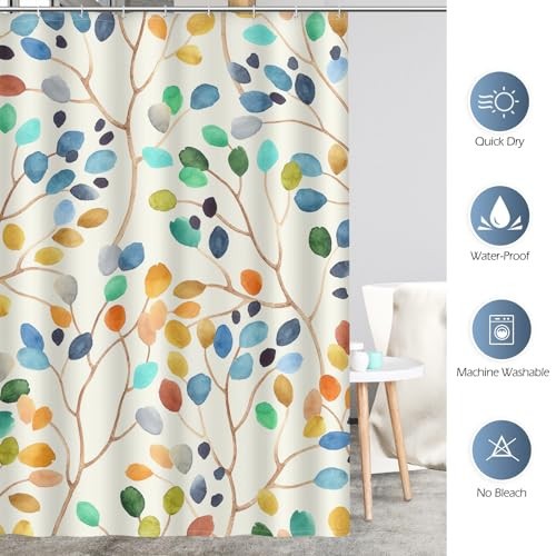 Colorful Spring Shower Curtain - Watercolor Plant Leaves Floral Summer Nature - Picture 6 of 7