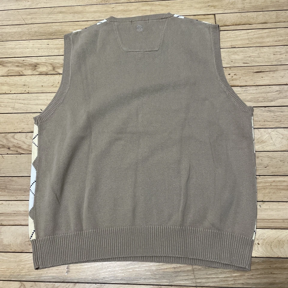 Hombres L Vintage Nautica Golf Suéter Chaleco Tostado Marrón y Blanco Argyle Diamante Años 90 Foto 2 de 4