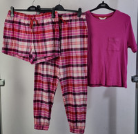 M&S 3Pcs Pyjama Set White Size 12 Pink Check Shorts/ Long Leg Bottoms & Tee New