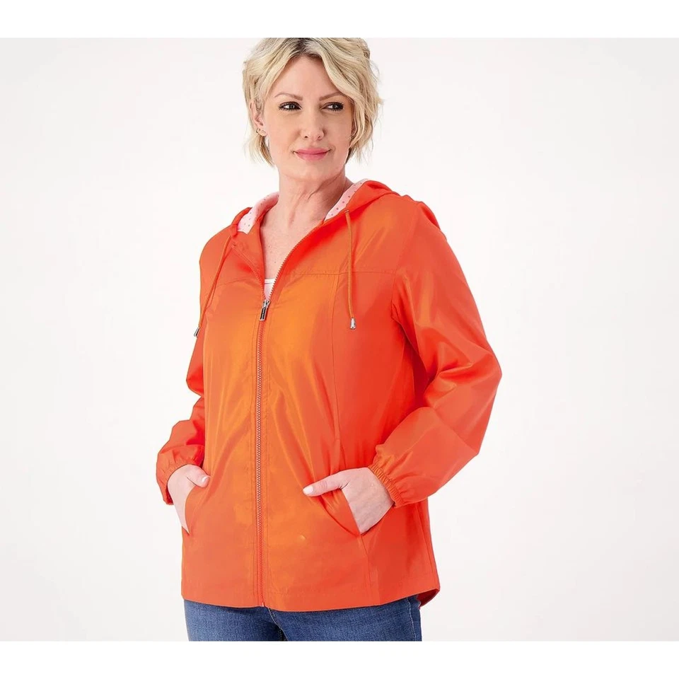 XSMALL HOT CORAL A470640 Susan Graver Water Resistant Windbreaker w Dot Lining - Image 3 of 3