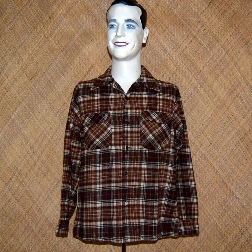 Vintage 1950s-1960s Brown Wool Checked Plaid Pendleton Board Shirt, Rockabilly - Image 3 of 4