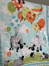 Handcrafted Baby Quilt Blanket Wall Hanging Panel 37"x 44" Sheep Balloons